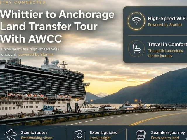 Promotional graphic for a Whittier to Anchorage land transfer tour.